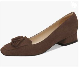 YDN Women Chunky Block Low Heel Loafers Square Toe Tassel Fringed Pumps Brown